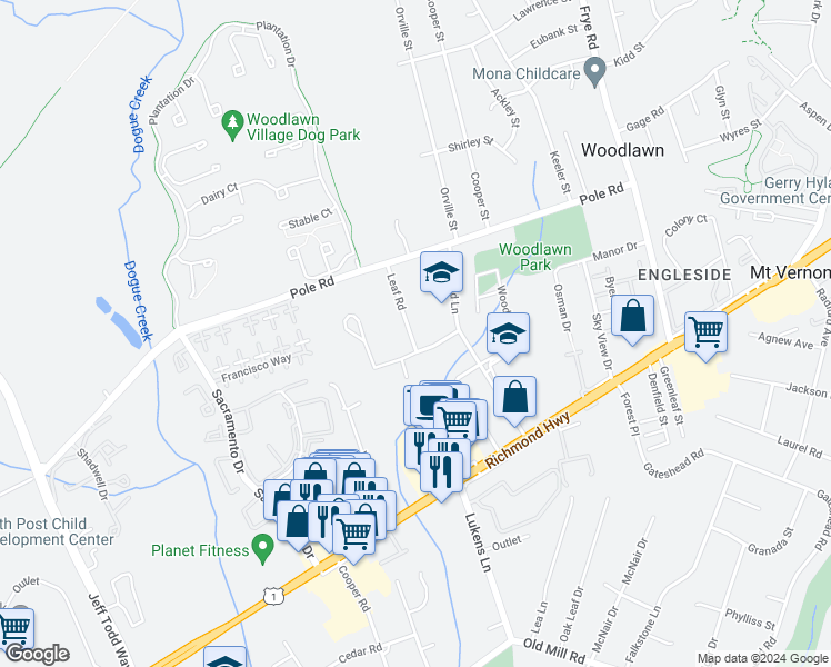 map of restaurants, bars, coffee shops, grocery stores, and more near 8429 Leaf Road in Alexandria