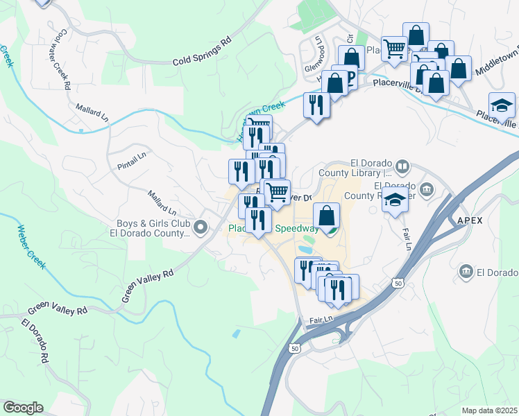 map of restaurants, bars, coffee shops, grocery stores, and more near 186 Placerville Drive in Placerville