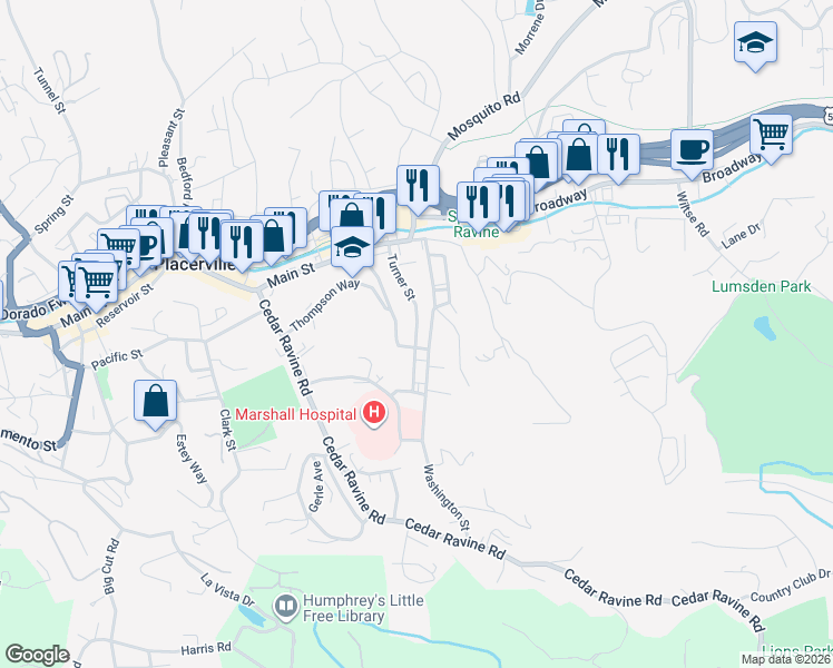 map of restaurants, bars, coffee shops, grocery stores, and more near 1102 Sherman Street in Placerville