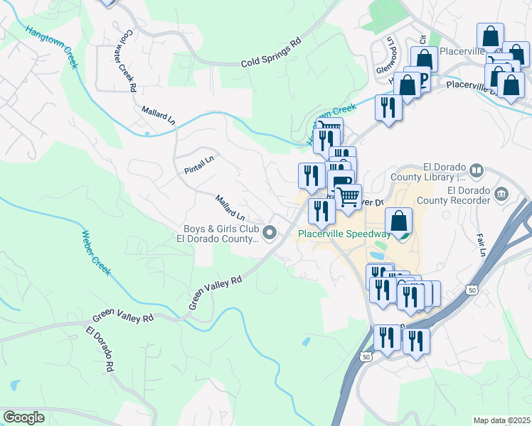 map of restaurants, bars, coffee shops, grocery stores, and more near 2804 Mallard Lane in Placerville