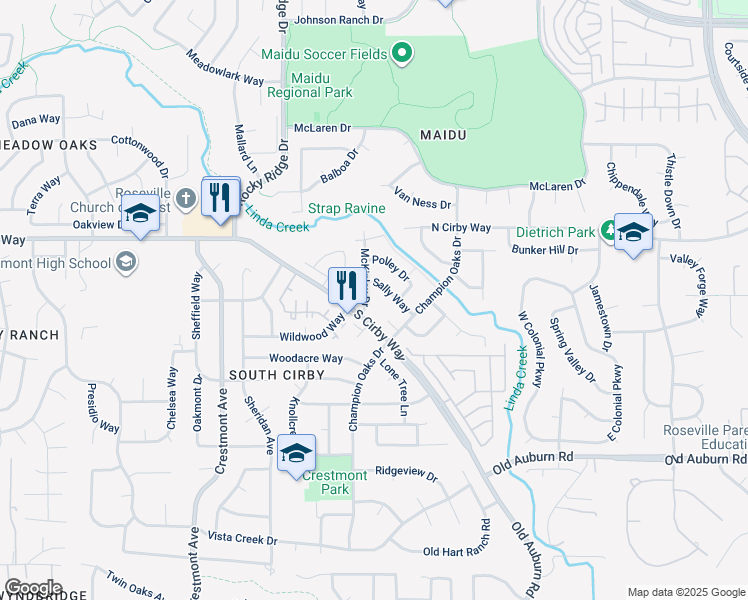 map of restaurants, bars, coffee shops, grocery stores, and more near 2017 Rebecca Court in Roseville