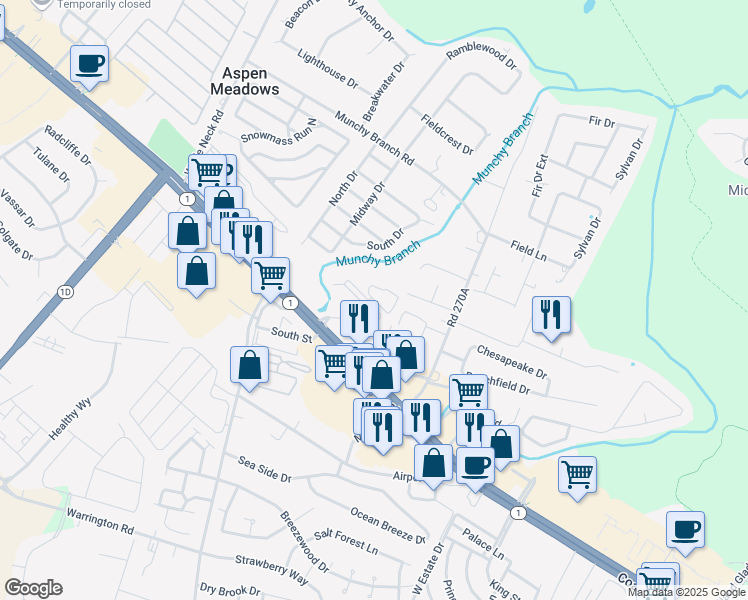 map of restaurants, bars, coffee shops, grocery stores, and more near 200 Pebble Drive in Rehoboth Beach