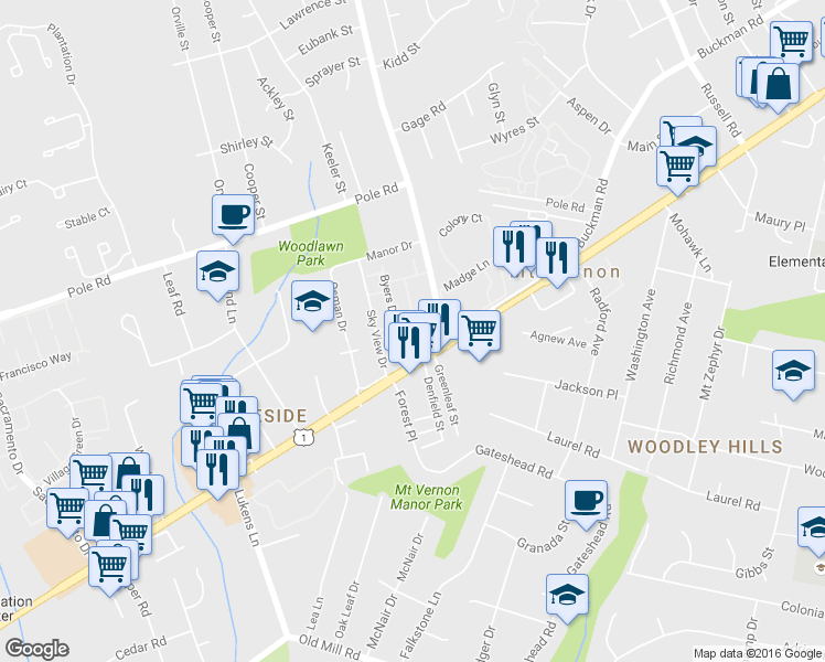 map of restaurants, bars, coffee shops, grocery stores, and more near 8516 Richmond Highway in Alexandria