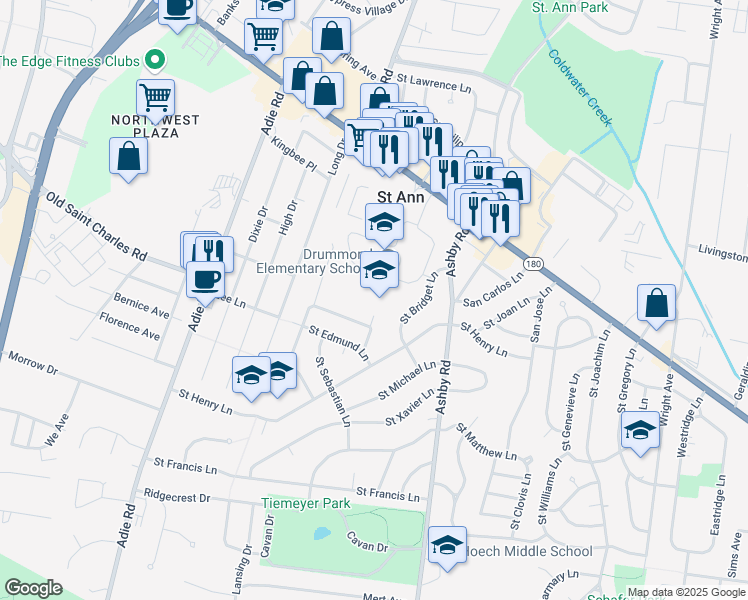 map of restaurants, bars, coffee shops, grocery stores, and more near 10701 Saint Cosmas Lane in Saint Ann