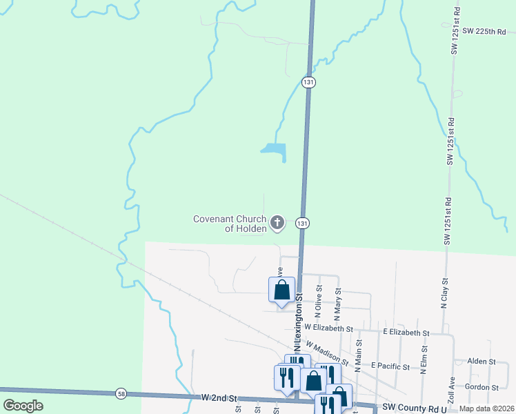 map of restaurants, bars, coffee shops, grocery stores, and more near 290 Southwest 1311 Road in Holden
