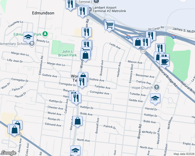 map of restaurants, bars, coffee shops, grocery stores, and more near 9316 Guthrie Avenue in St. Louis