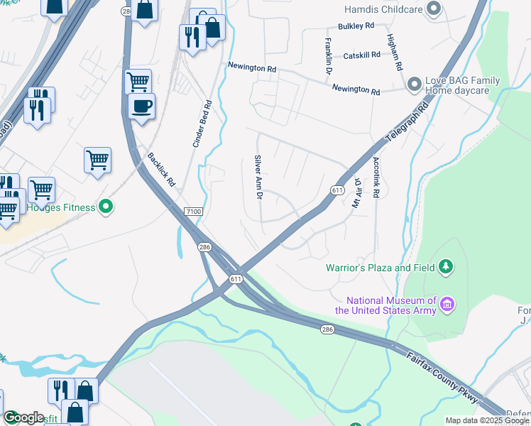 map of restaurants, bars, coffee shops, grocery stores, and more near 6814 Silver Ann Drive in Lorton