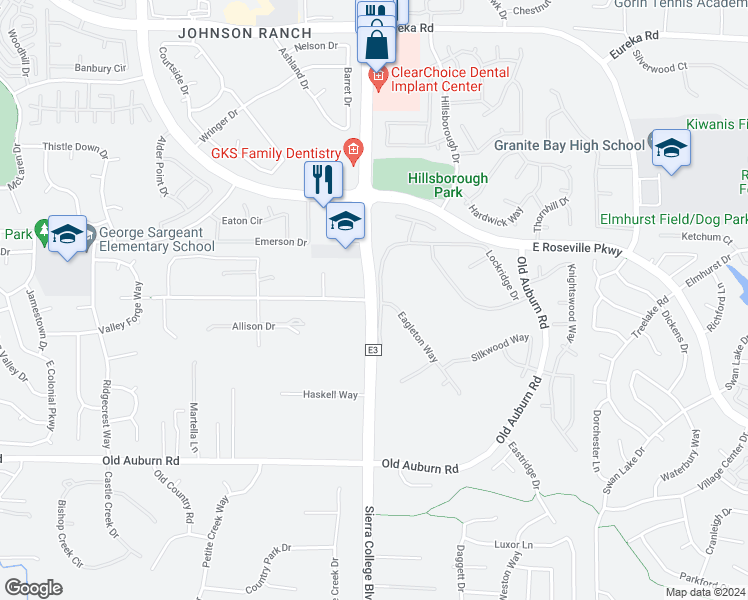 map of restaurants, bars, coffee shops, grocery stores, and more near Sierra College Blvd & Annabelle Ave in Roseville