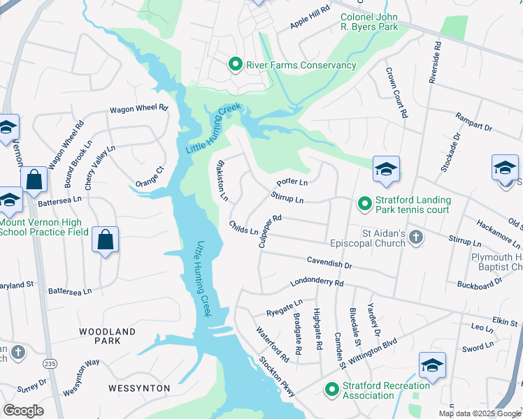map of restaurants, bars, coffee shops, grocery stores, and more near 8441 Porter Lane in Alexandria