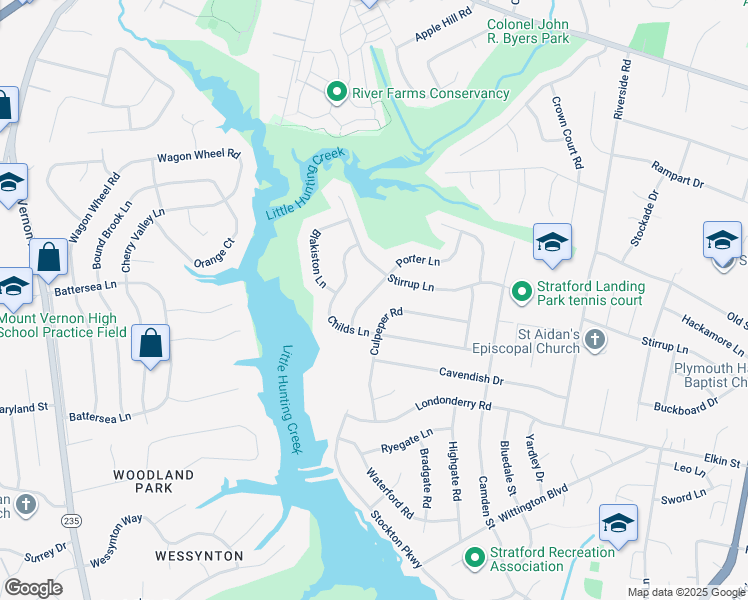 map of restaurants, bars, coffee shops, grocery stores, and more near 8441 Porter Lane in Alexandria