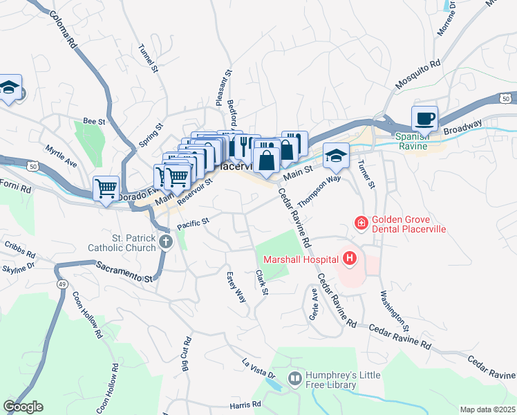 map of restaurants, bars, coffee shops, grocery stores, and more near 3084 Clark Street in Placerville