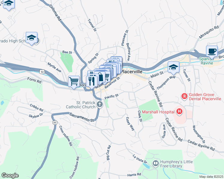 map of restaurants, bars, coffee shops, grocery stores, and more near 847 Pacific Street in Placerville