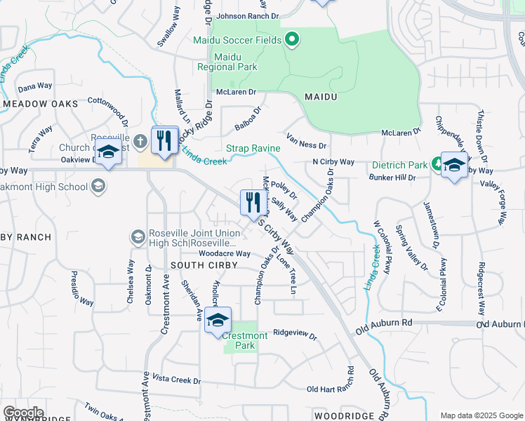 map of restaurants, bars, coffee shops, grocery stores, and more near 2000 South Cirby Way in Roseville