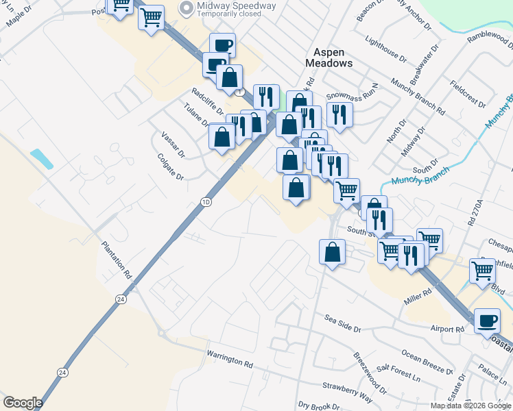 map of restaurants, bars, coffee shops, grocery stores, and more near 112 Paynter Lane in Rehoboth Beach