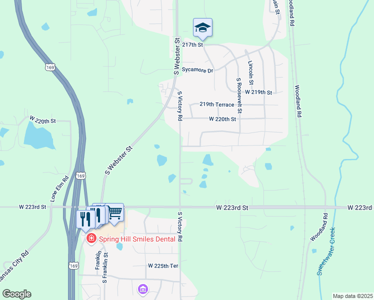 map of restaurants, bars, coffee shops, grocery stores, and more near 22139 Victory Road in Spring Hill