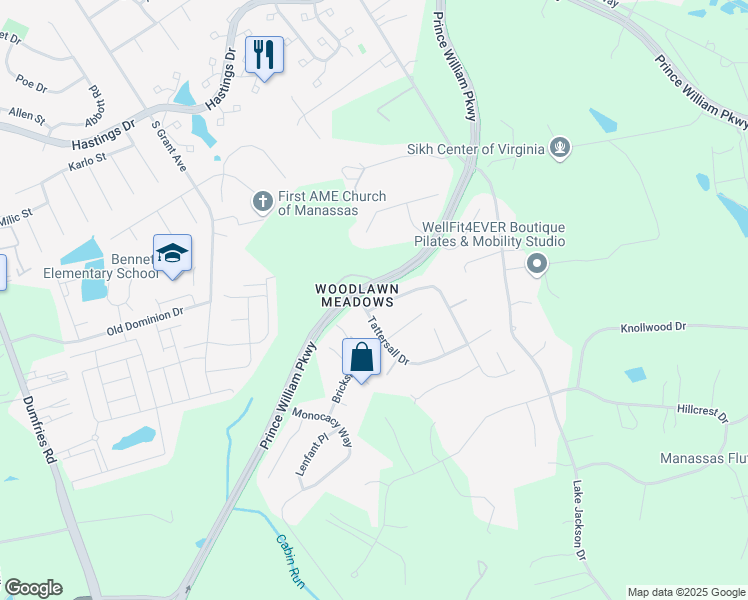 map of restaurants, bars, coffee shops, grocery stores, and more near 8434 Mineral Springs Drive in Manassas