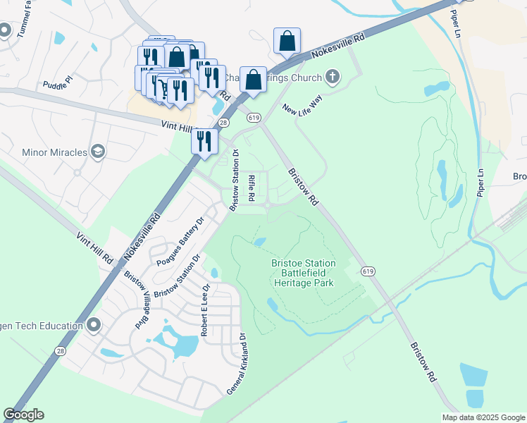 map of restaurants, bars, coffee shops, grocery stores, and more near 11639 Iron Brigade Court in Prince William County