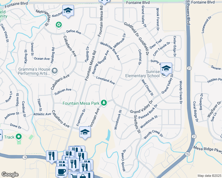 map of restaurants, bars, coffee shops, grocery stores, and more near 7270 Medicine Bow Avenue in Fountain