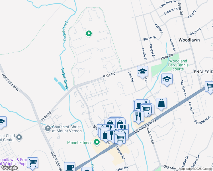 map of restaurants, bars, coffee shops, grocery stores, and more near 8407 Orinda Court in Alexandria