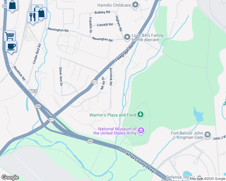 map of restaurants, bars, coffee shops, grocery stores, and more near 8493 Accotink Road in Lorton