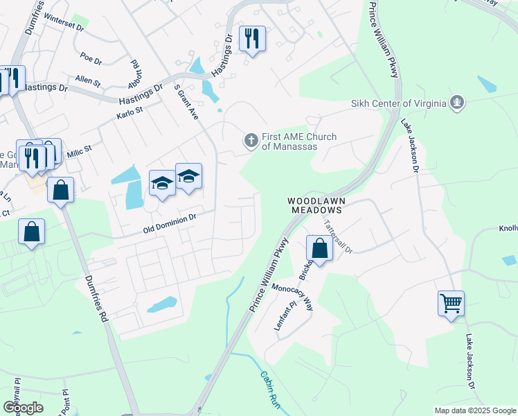 map of restaurants, bars, coffee shops, grocery stores, and more near 8641 Belle Grove Way in Manassas