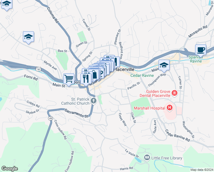 map of restaurants, bars, coffee shops, grocery stores, and more near 862 De Bernardi Court in Placerville