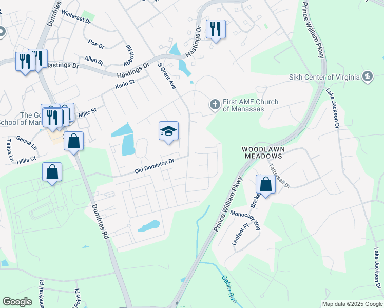map of restaurants, bars, coffee shops, grocery stores, and more near 8725 Keswick Manor Place in Manassas