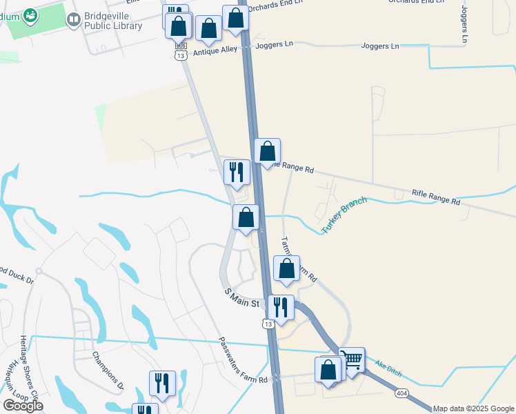 map of restaurants, bars, coffee shops, grocery stores, and more near U.S. 13 in Bridgeville