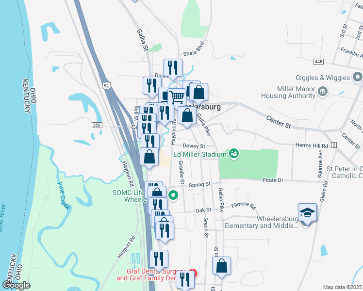 map of restaurants, bars, coffee shops, grocery stores, and more near 430 Dewey Avenue in Wheelersburg