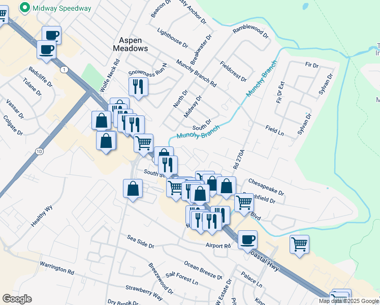 map of restaurants, bars, coffee shops, grocery stores, and more near 100 Cascade Lane in Rehoboth Beach