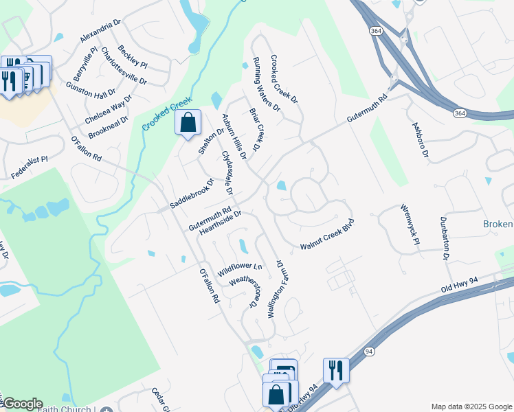 map of restaurants, bars, coffee shops, grocery stores, and more near 5826 Wellington Farm Drive in Saint Charles