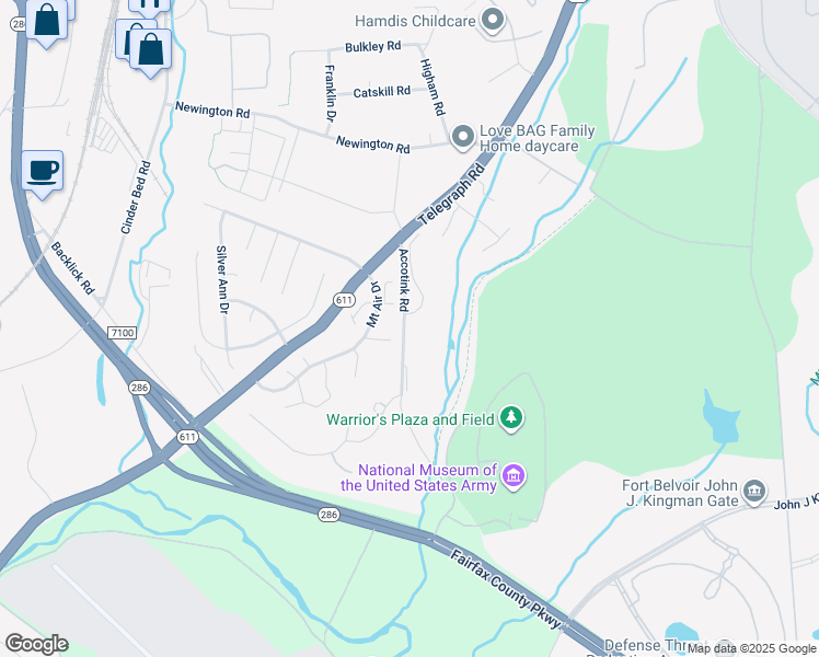 map of restaurants, bars, coffee shops, grocery stores, and more near 8493 Accotink Road in Lorton