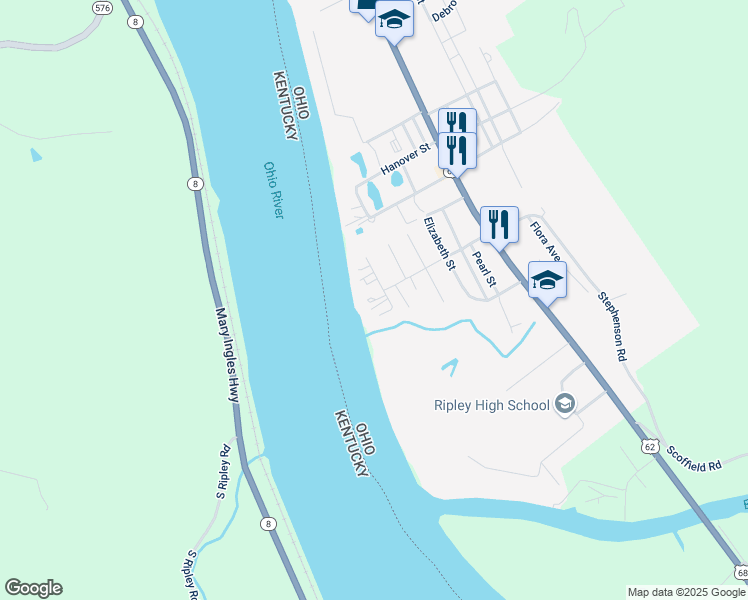 map of restaurants, bars, coffee shops, grocery stores, and more near 1107 Park Avenue in Ripley