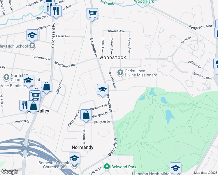 map of restaurants, bars, coffee shops, grocery stores, and more near 5835 Bermuda Drive in St. Louis