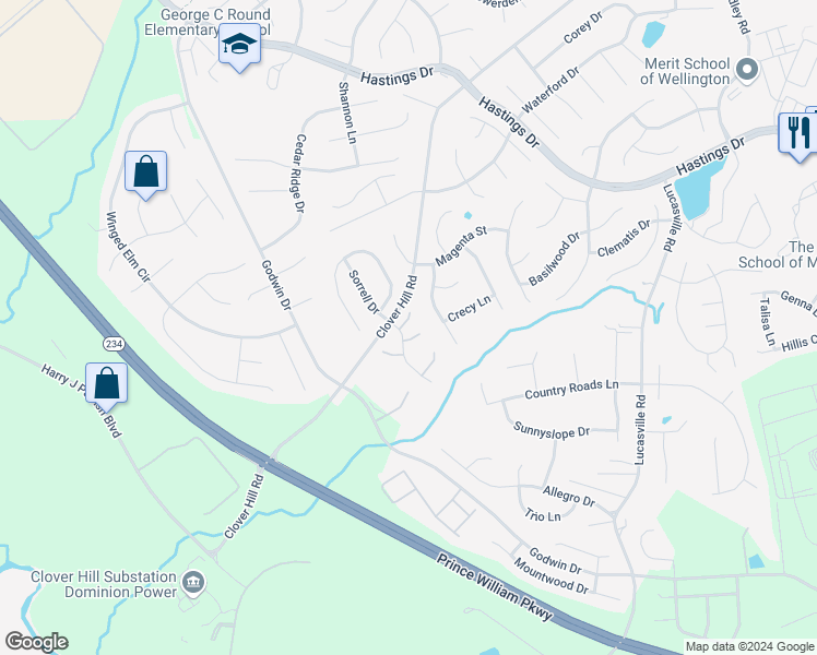 map of restaurants, bars, coffee shops, grocery stores, and more near 10384 Sorrell Drive in Manassas