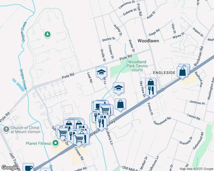 map of restaurants, bars, coffee shops, grocery stores, and more near 8433 Highland Lane in Alexandria