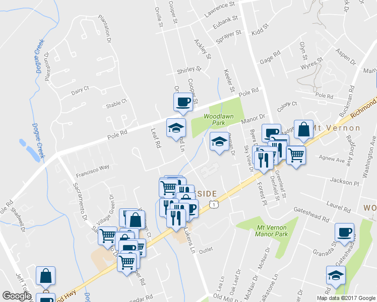 map of restaurants, bars, coffee shops, grocery stores, and more near 8433 Highland Lane in Alexandria