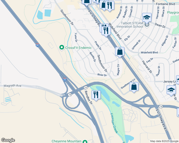 map of restaurants, bars, coffee shops, grocery stores, and more near 1705 Luna Drive in Fountain