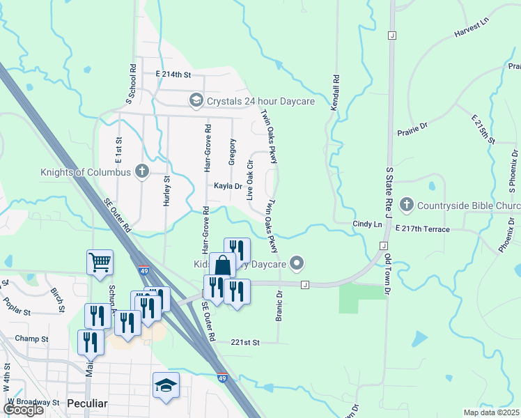 map of restaurants, bars, coffee shops, grocery stores, and more near 12414 Black Oak Circle in Peculiar