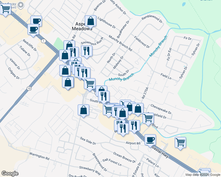 map of restaurants, bars, coffee shops, grocery stores, and more near 604 Midway Drive in Rehoboth Beach
