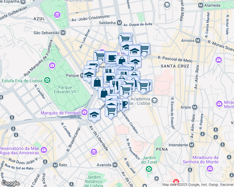 map of restaurants, bars, coffee shops, grocery stores, and more near in Lisbon