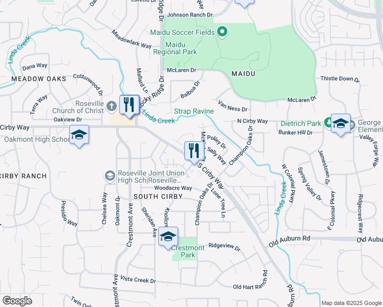 map of restaurants, bars, coffee shops, grocery stores, and more near 105 Hunter Court in Roseville