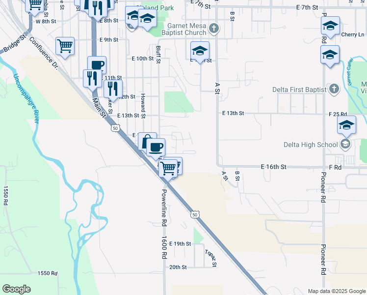 map of restaurants, bars, coffee shops, grocery stores, and more near Elm Way in Delta