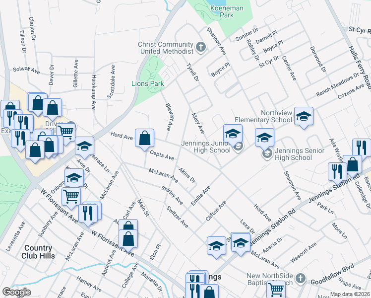 map of restaurants, bars, coffee shops, grocery stores, and more near 2503 Hord Avenue in Jennings