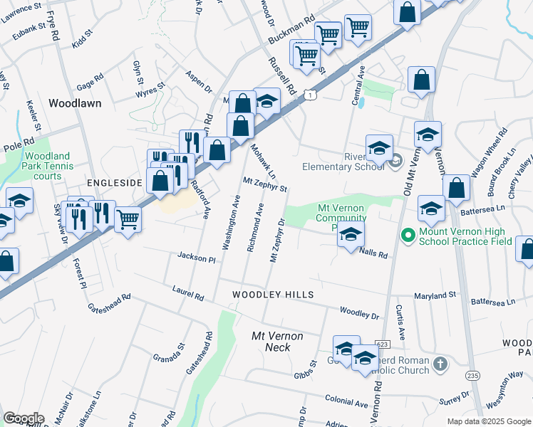 map of restaurants, bars, coffee shops, grocery stores, and more near 8429 Richmond Avenue in Alexandria
