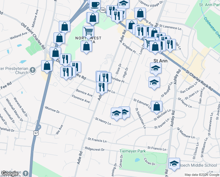 map of restaurants, bars, coffee shops, grocery stores, and more near 3627 Dixie Drive in Saint Ann