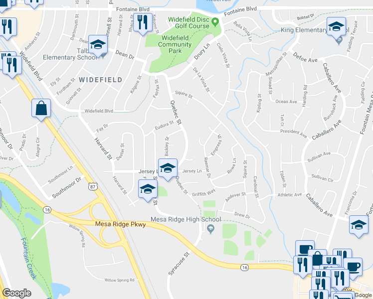 map of restaurants, bars, coffee shops, grocery stores, and more near Quebec Street in Colorado Springs