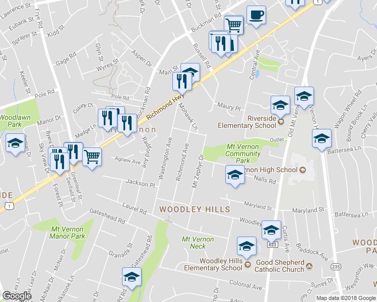 map of restaurants, bars, coffee shops, grocery stores, and more near 8429 Richmond Avenue in Alexandria