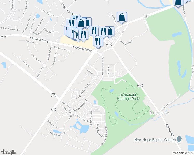 map of restaurants, bars, coffee shops, grocery stores, and more near 11709 Town Green Road in Bristow