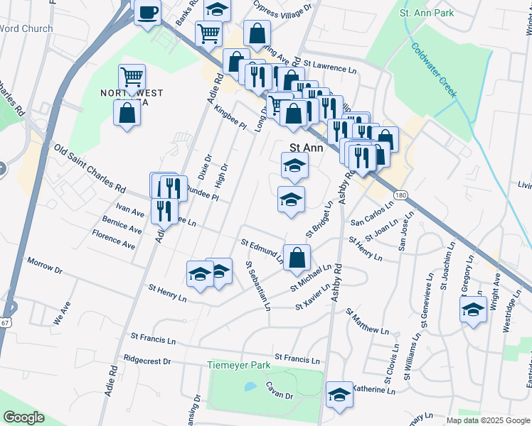 map of restaurants, bars, coffee shops, grocery stores, and more near 10711 Saint Cosmas Lane in Saint Ann